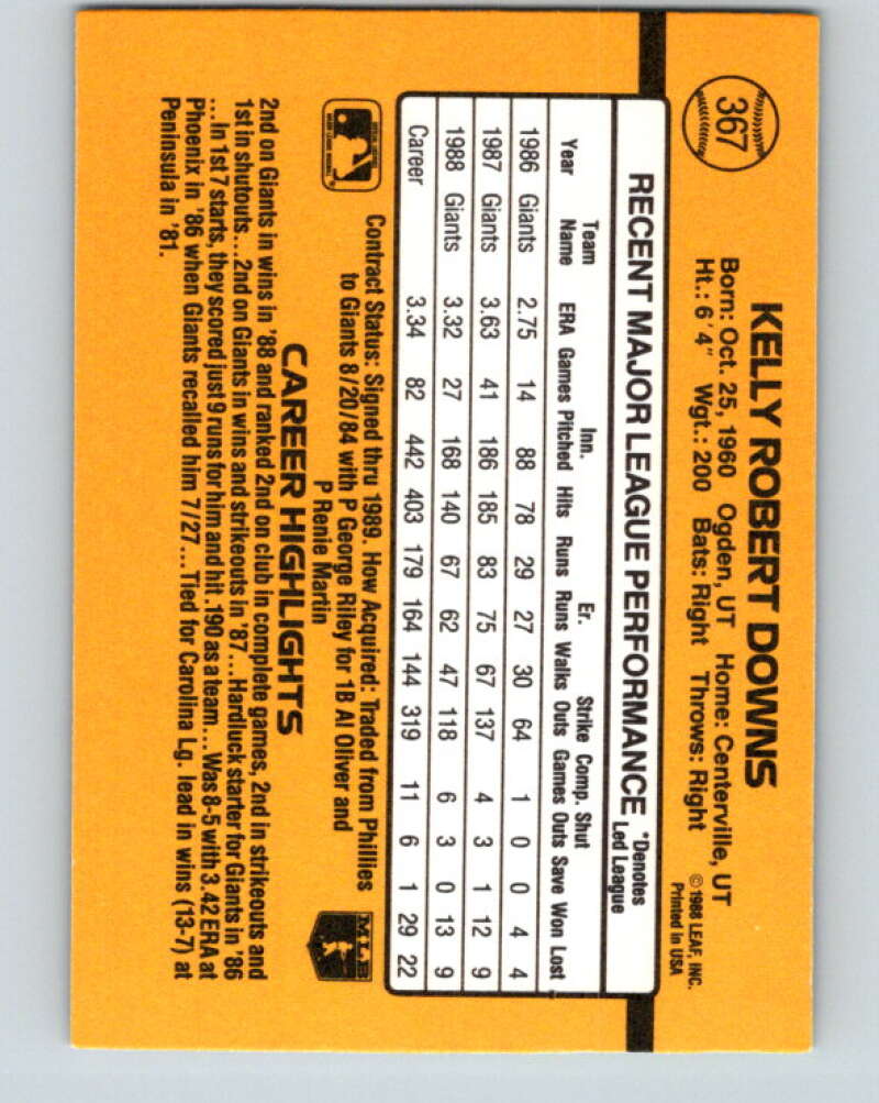 1989 Donruss #367 Kelly Downs Mint San Francisco Giants Image 2