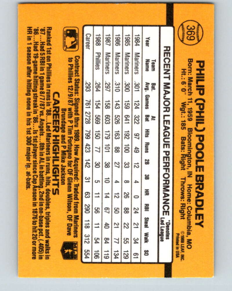 1989 Donruss #369 Phil Bradley Mint Philadelphia Phillies Image 2