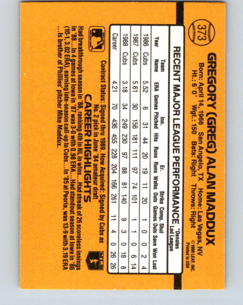 1989 Donruss #373 Greg Maddux Mint Chicago Cubs Image 2