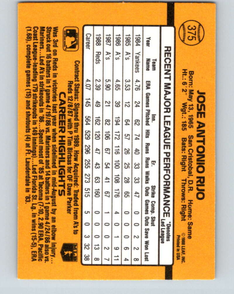 1989 Donruss #375 Jose Rijo Mint Cincinnati Reds Image 2