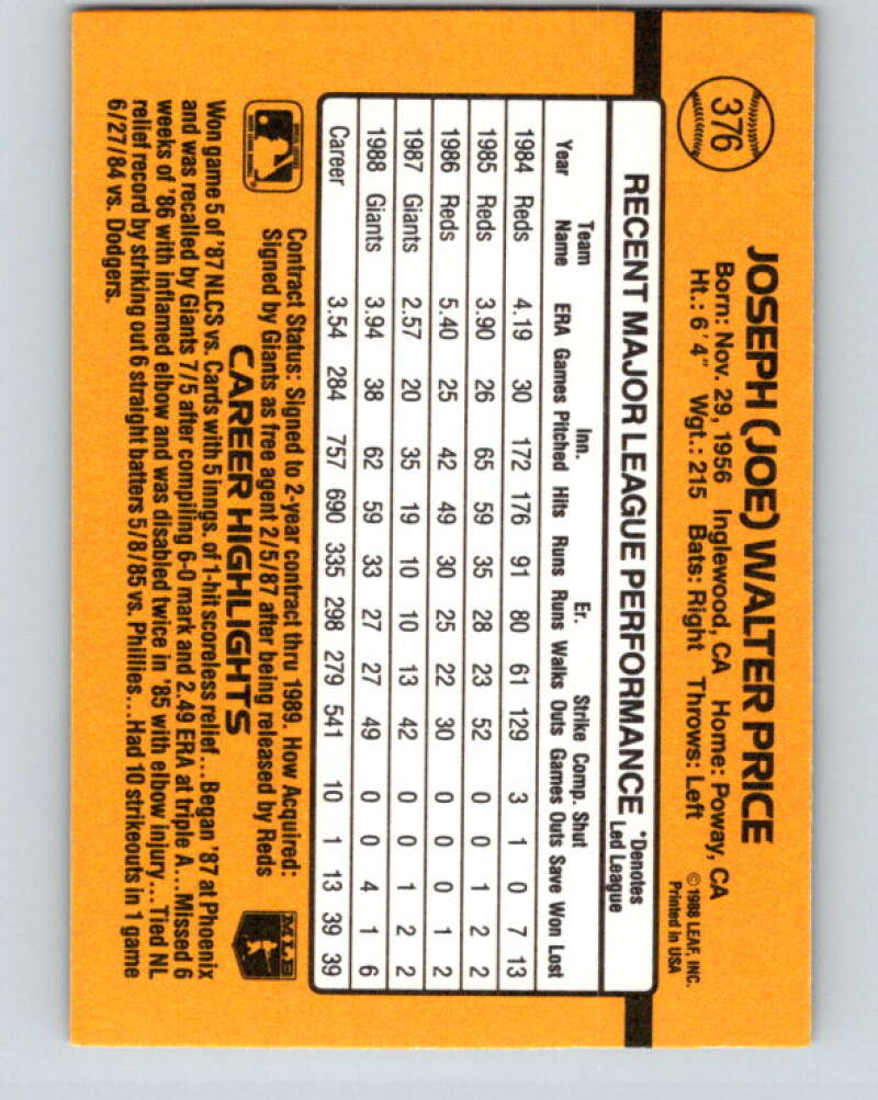 1989 Donruss #376 Joe Price Mint San Francisco Giants Image 2
