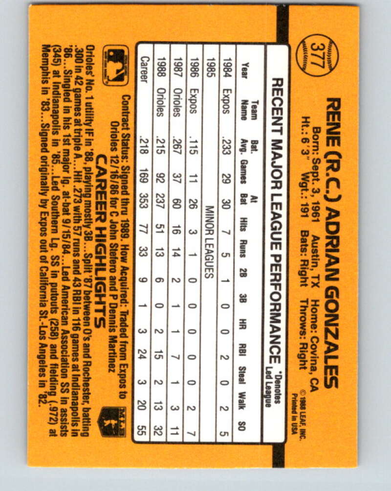1989 Donruss #377 Rene Gonzales Mint Baltimore Orioles Image 2