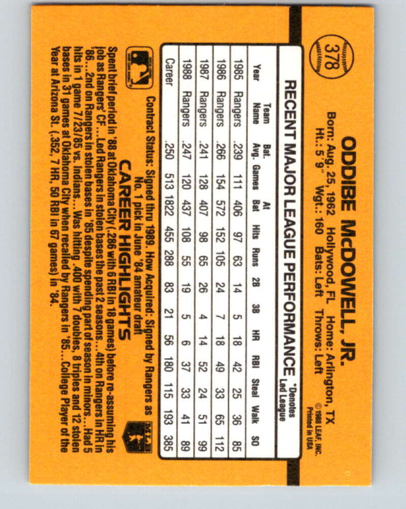 1989 Donruss #378 Oddibe McDowell Mint Texas Rangers Image 2