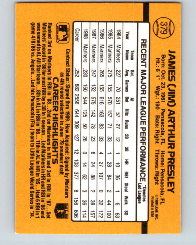 1989 Donruss #379 Jim Presley Mint Seattle Mariners Image 2