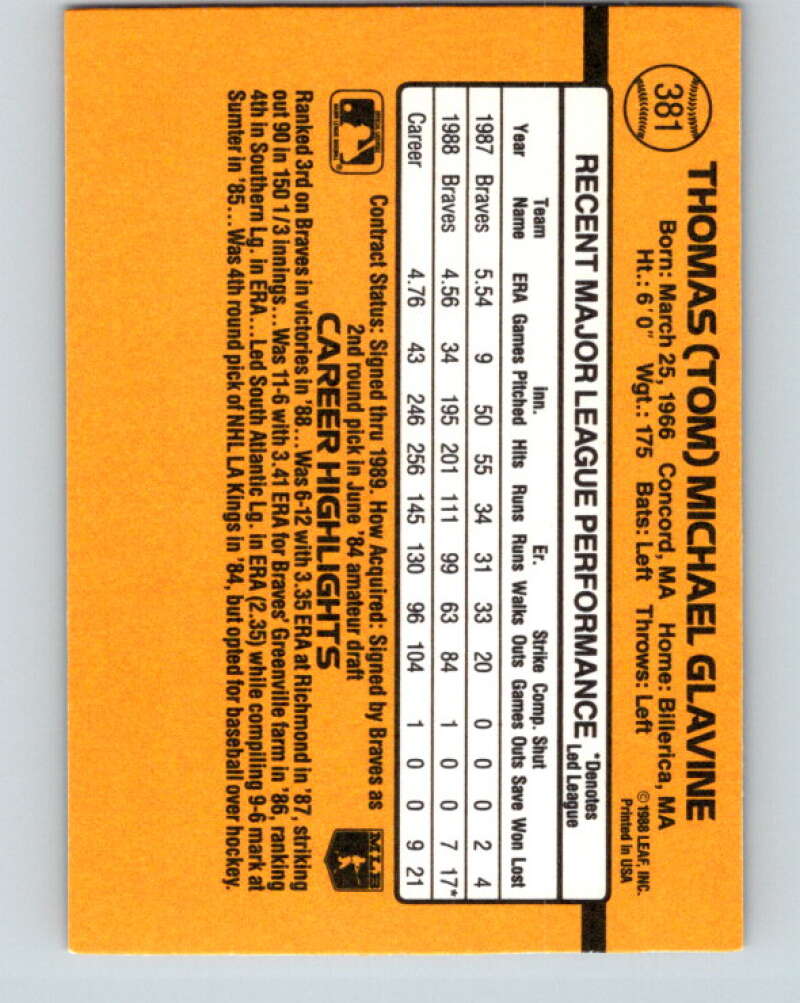 1989 Donruss #381 Tom Glavine Mint Atlanta Braves Image 2