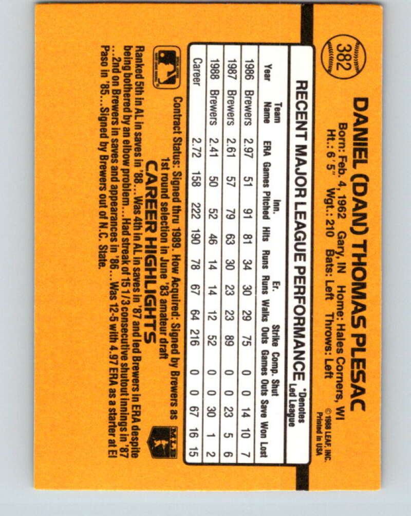 1989 Donruss #382 Dan Plesac Mint Milwaukee Brewers Image 2