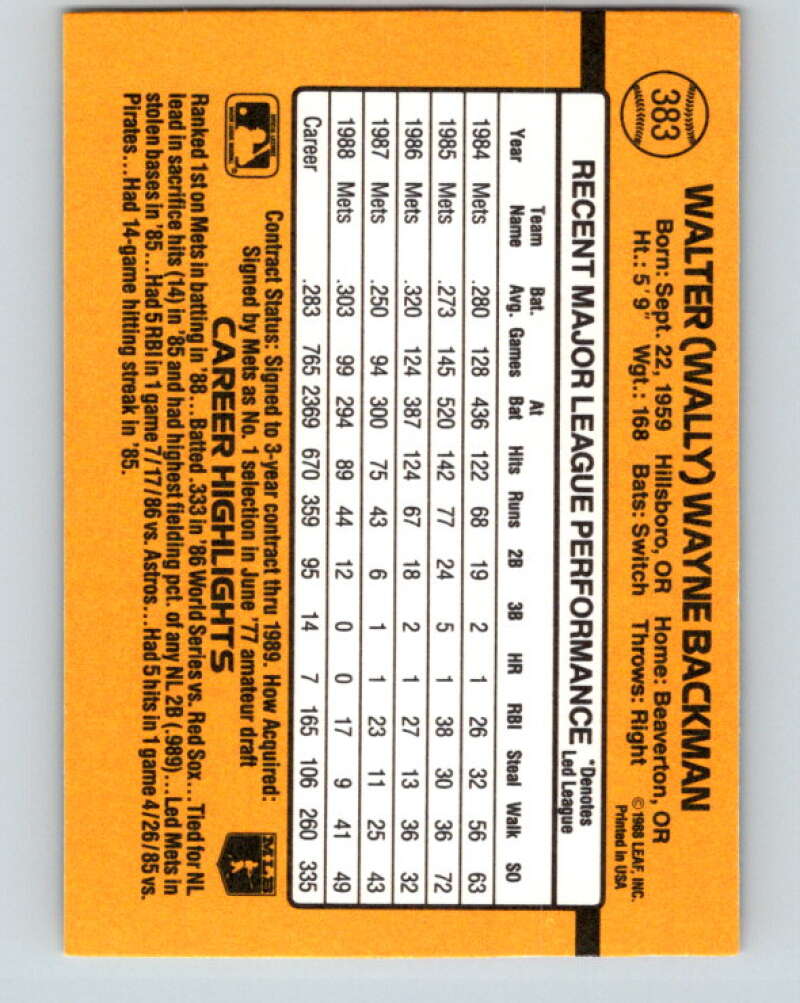1989 Donruss #383 Wally Backman Mint New York Mets Image 2