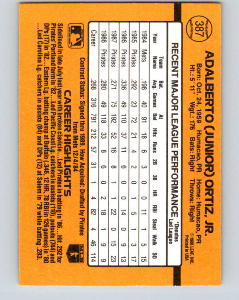 1989 Donruss #387 Junior Ortiz Mint Pittsburgh Pirates Image 2