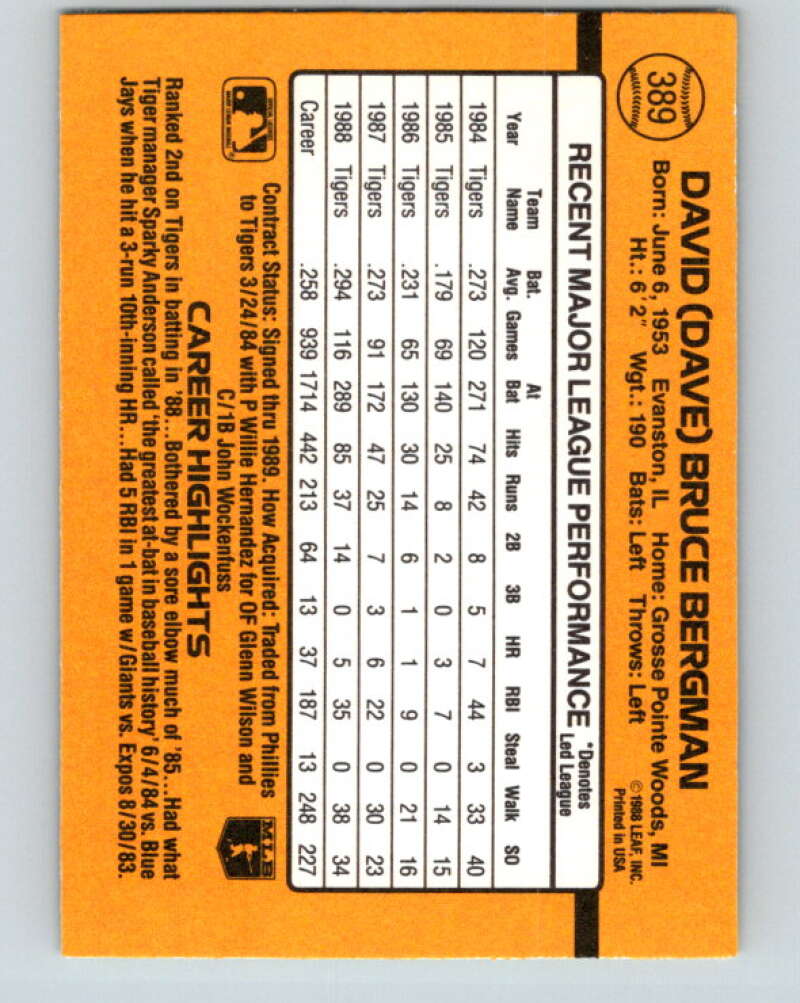 1989 Donruss #389 Dave Bergman Mint Detroit Tigers Image 2