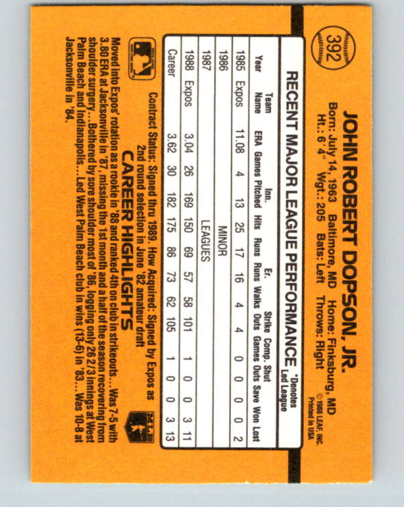1989 Donruss #392 John Dopson Mint RC Rookie Montreal Expos Image 2