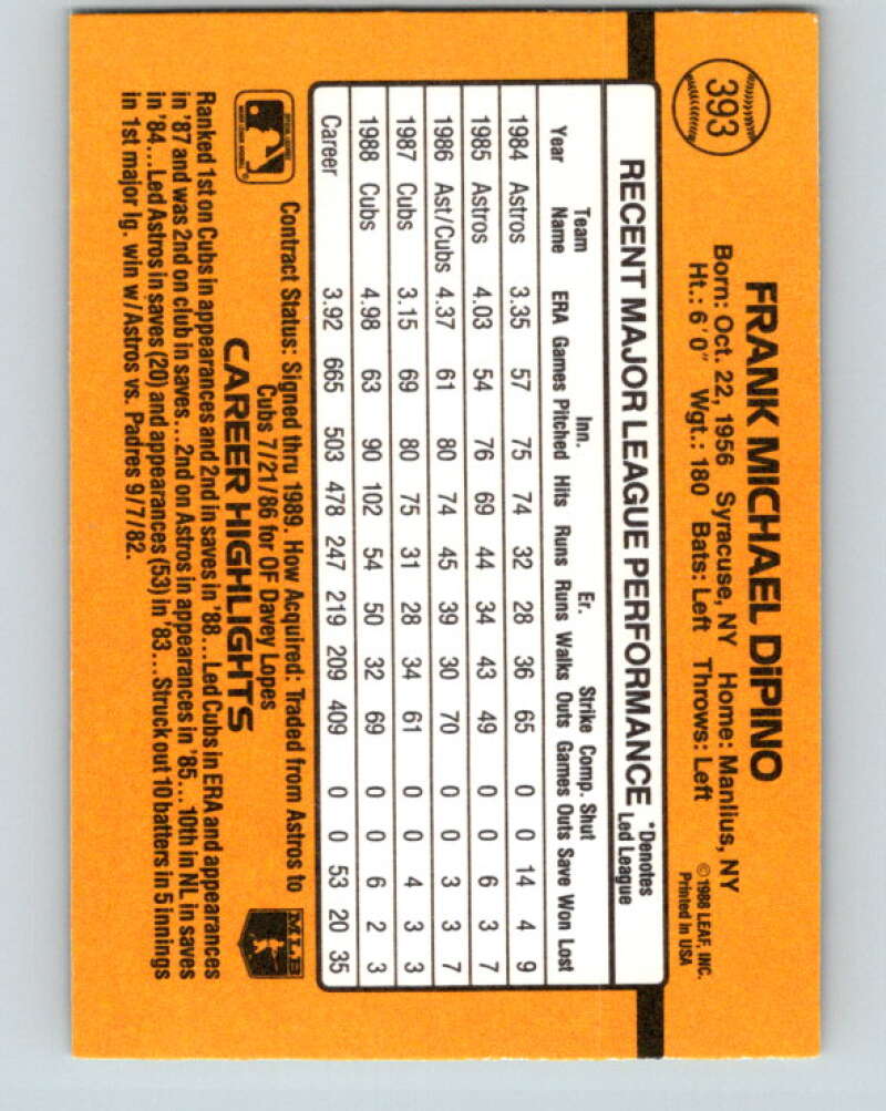1989 Donruss #393 Frank DiPino Mint Chicago Cubs Image 2