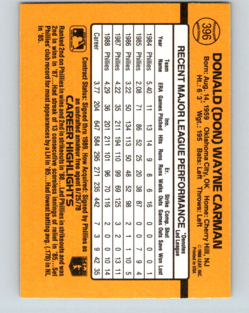 1989 Donruss #396 Don Carman Mint Philadelphia Phillies Image 2