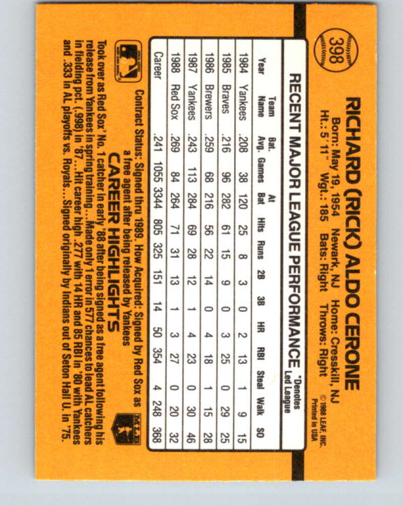 1989 Donruss #398 Rick Cerone Mint Boston Red Sox Image 2