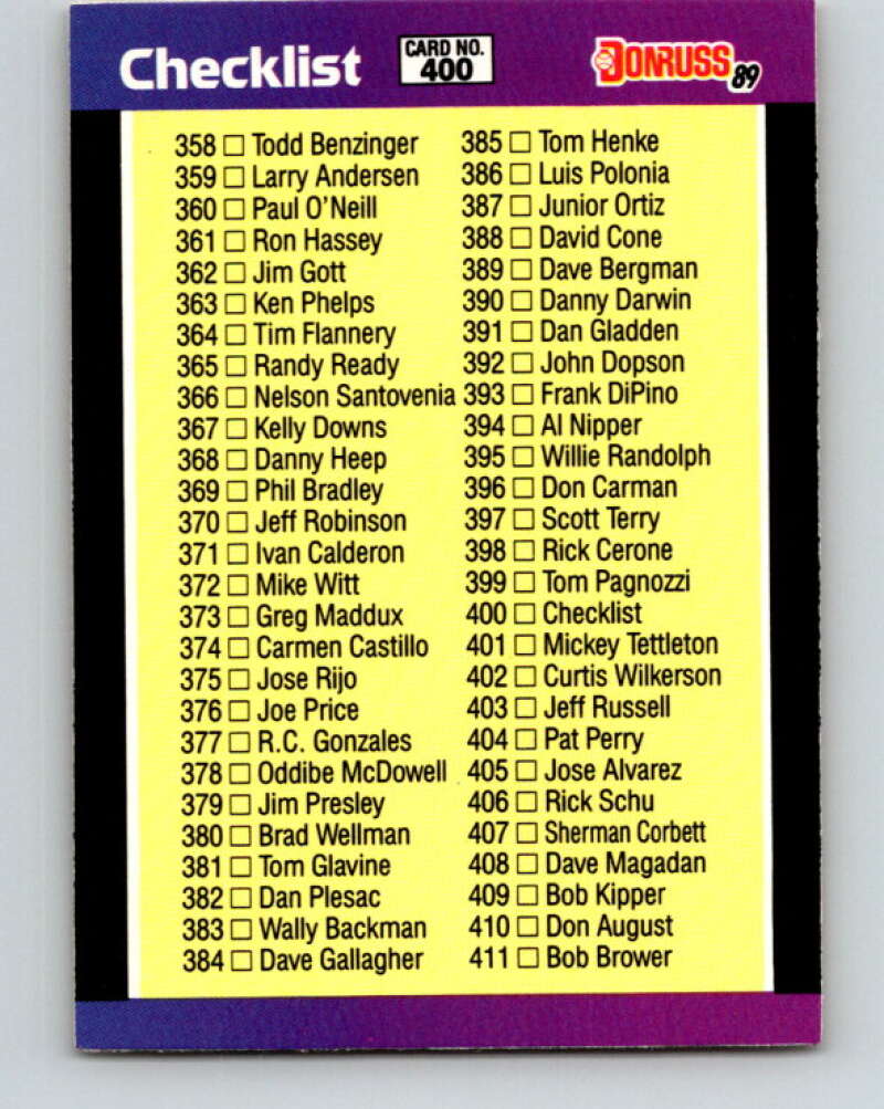 1989 Donruss #400 Checklist 358-467 Mint Checklist Image 1
