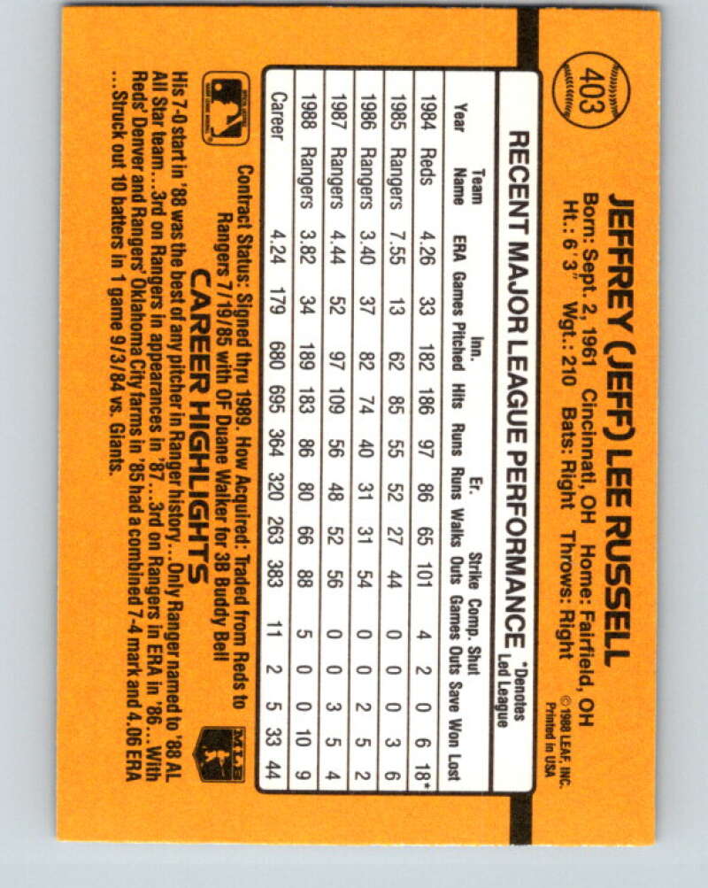 1989 Donruss #403 Jeff Russell Mint Texas Rangers Image 2