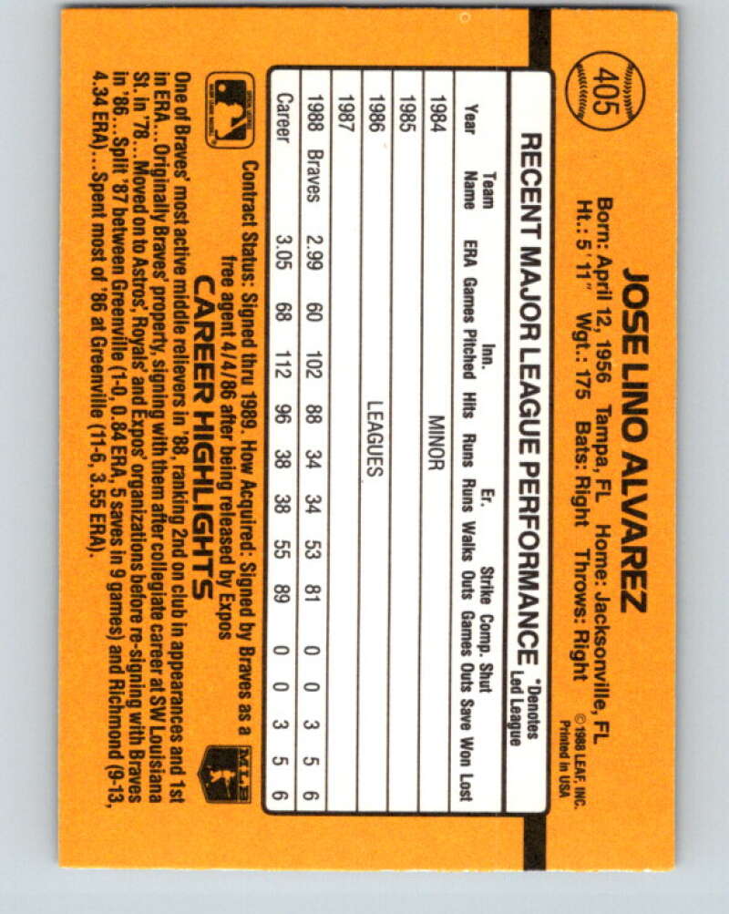 1989 Donruss #405 Jose Alvarez Mint RC Rookie Atlanta Braves Image 2