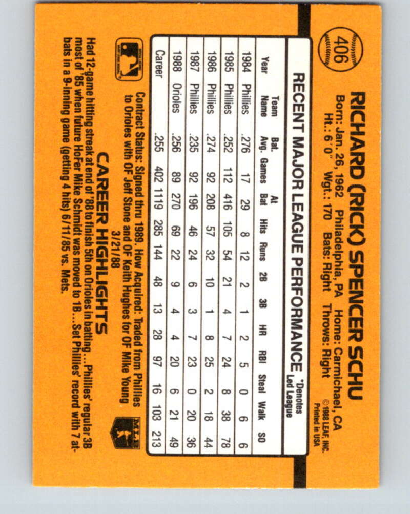 1989 Donruss #406 Rick Schu Mint Baltimore Orioles Image 2