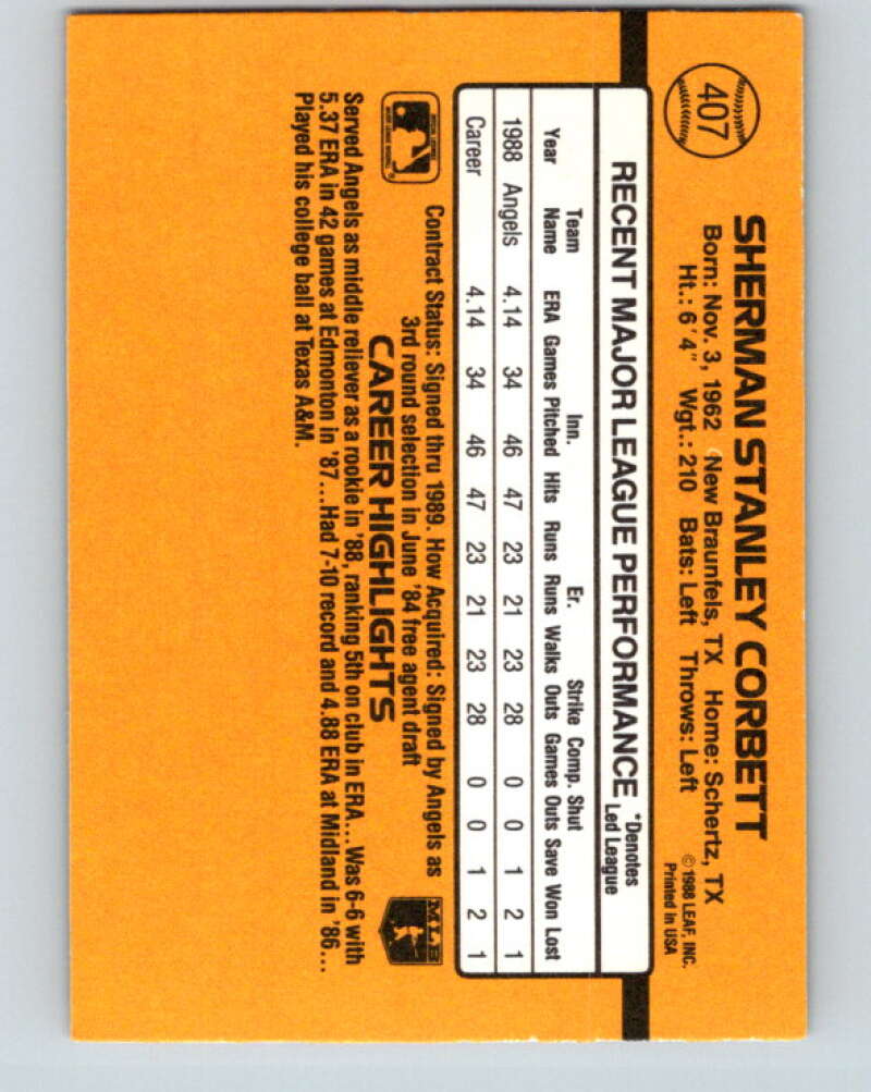 1989 Donruss #407 Sherman Corbett Mint RC Rookie California Angels Image 2