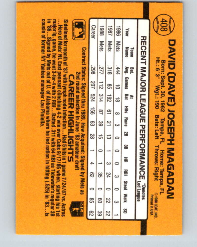 1989 Donruss #408 Dave Magadan Mint New York Mets Image 2