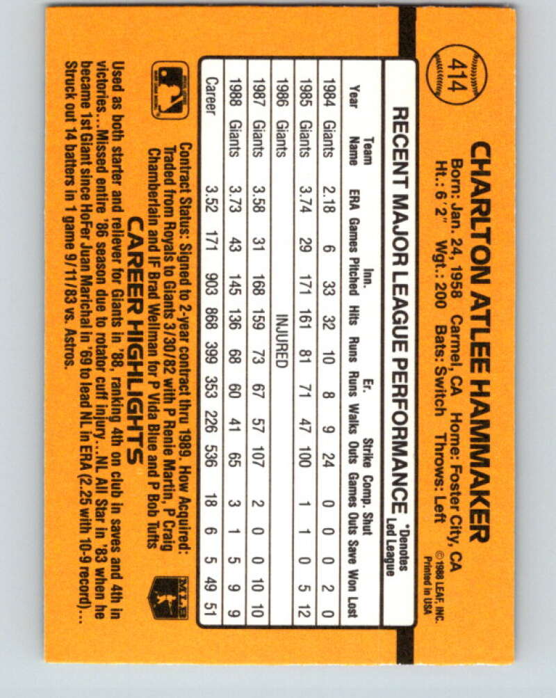 1989 Donruss #414 Atlee Hammaker Mint San Francisco Giants Image 2