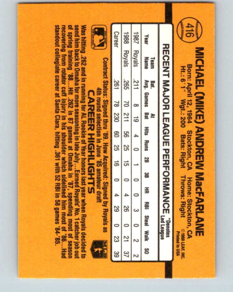 1989 Donruss #416 Mike Macfarlane Mint RC Rookie Kansas City Royals Image 2