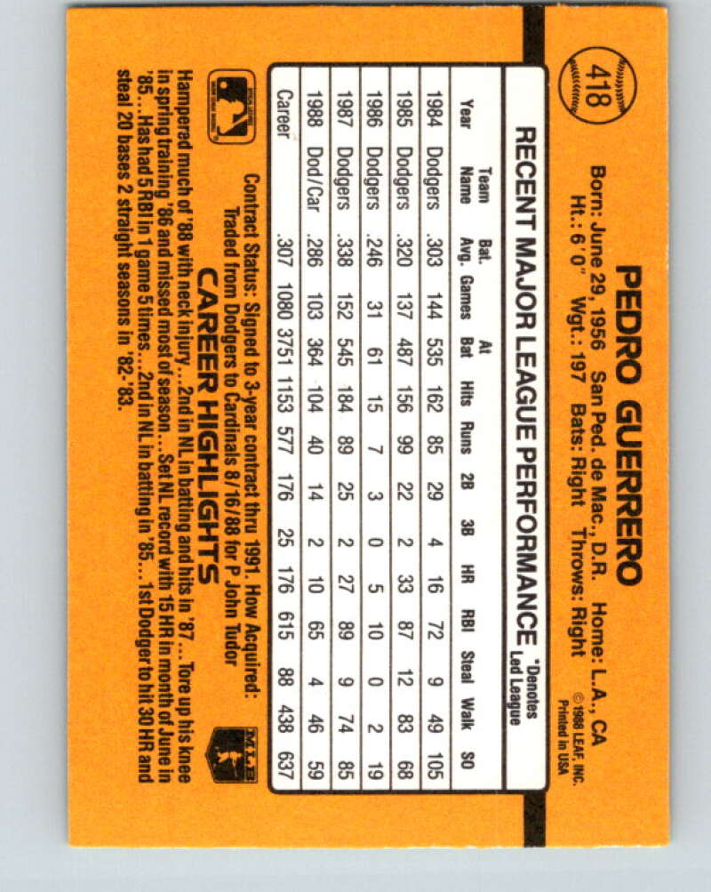 1989 Donruss #418 Pedro Guerrero Mint St. Louis Cardinals Image 2