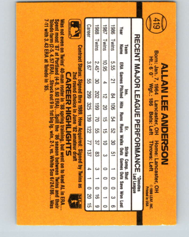 1989 Donruss #419 Allan Anderson Mint Minnesota Twins Image 2