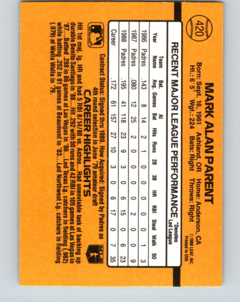 1989 Donruss #420 Mark Parent Mint RC Rookie San Diego Padres Image 2