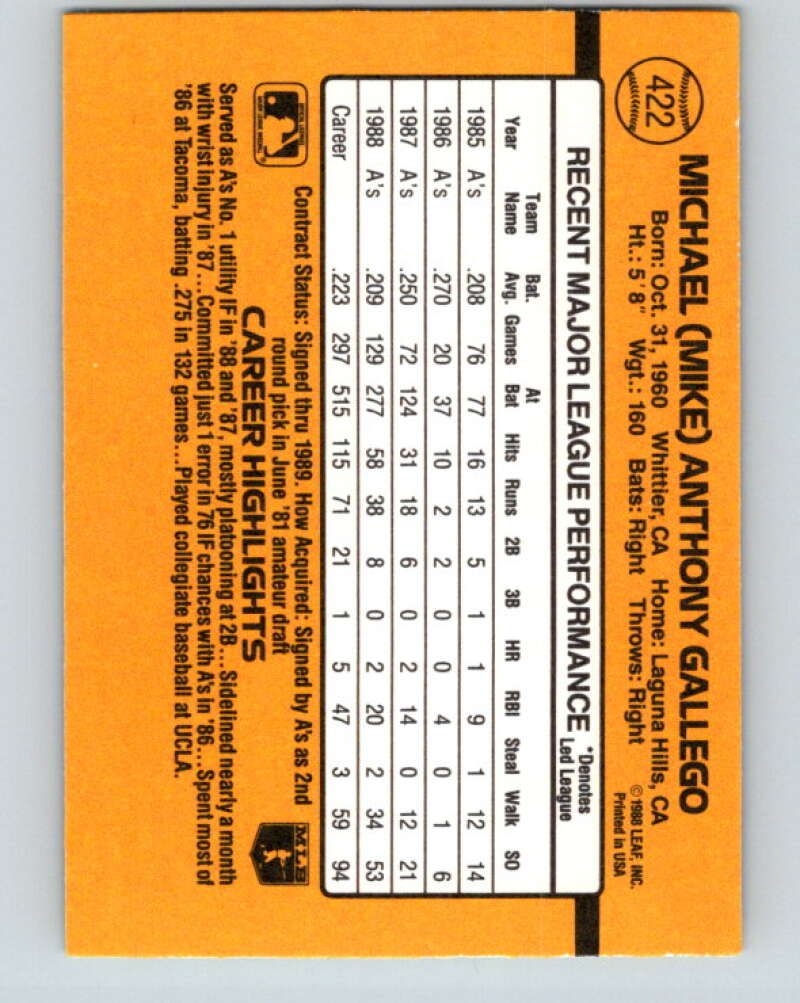 1989 Donruss #422 Mike Gallego Mint Oakland Athletics Image 2
