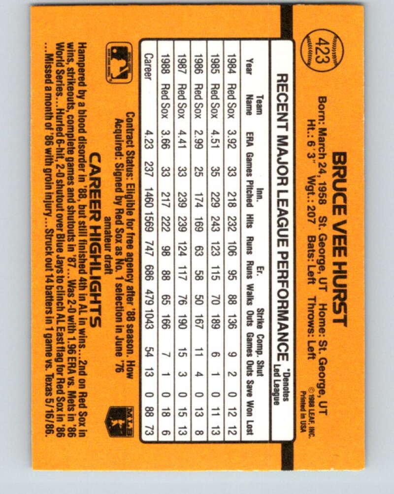 1989 Donruss #423 Bruce Hurst Mint Boston Red Sox Image 2