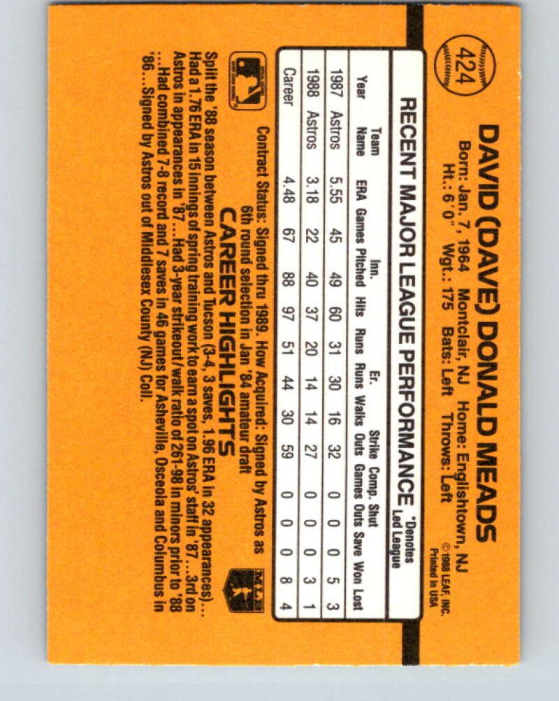 1989 Donruss #424 Dave Meads Mint Houston Astros Image 2