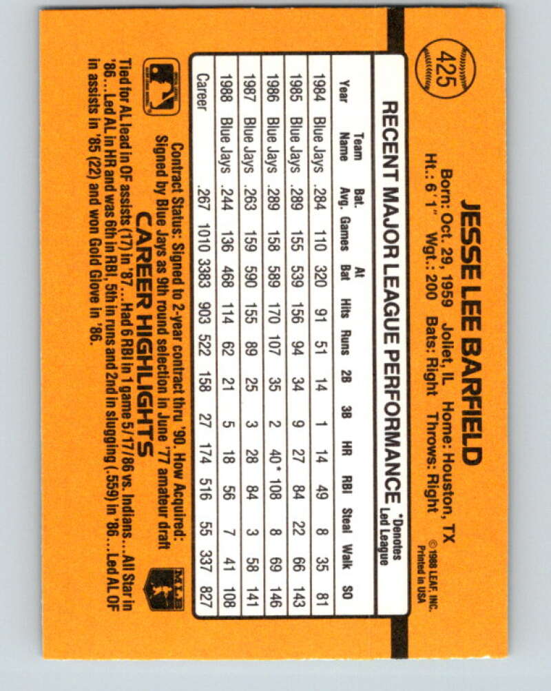 1989 Donruss #425 Jesse Barfield Mint Toronto Blue Jays Image 2