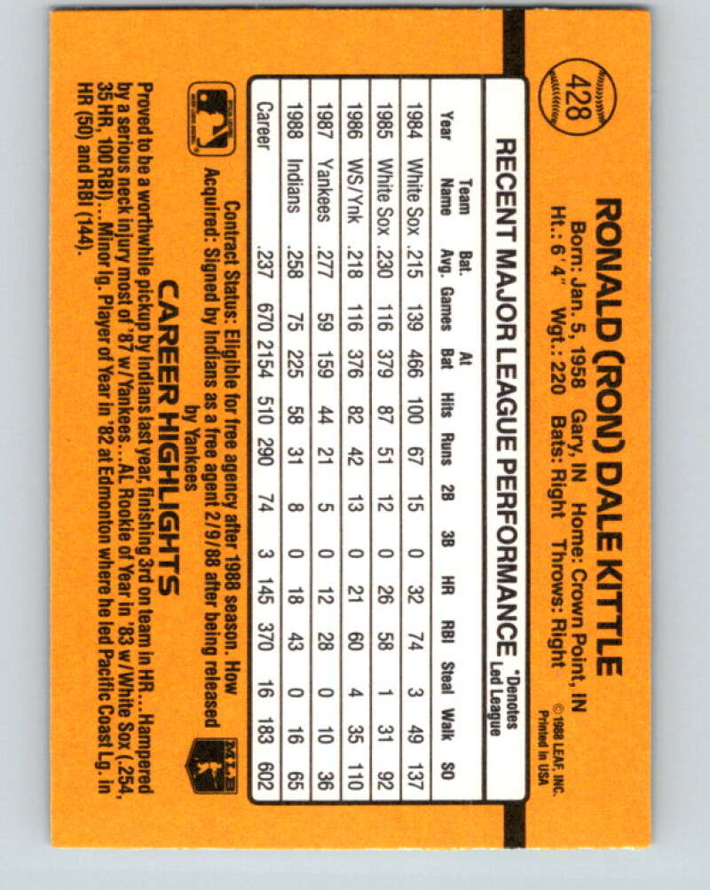 1989 Donruss #428 Ron Kittle Mint Cleveland Indians Image 2