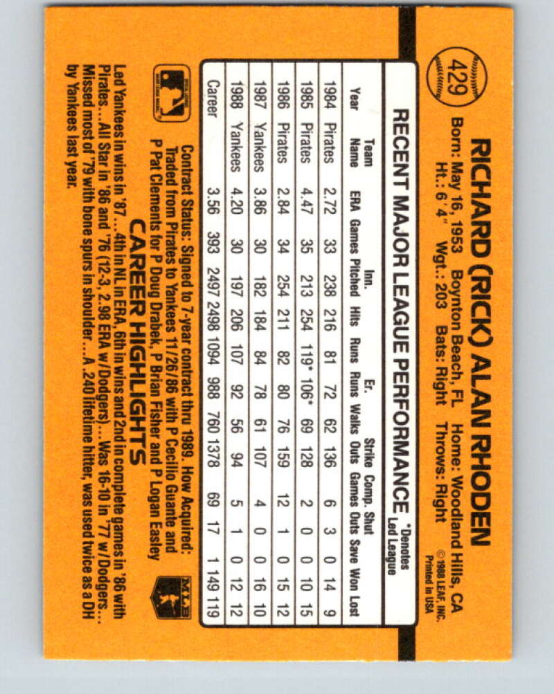 1989 Donruss #429 Rick Rhoden Mint New York Yankees Image 2