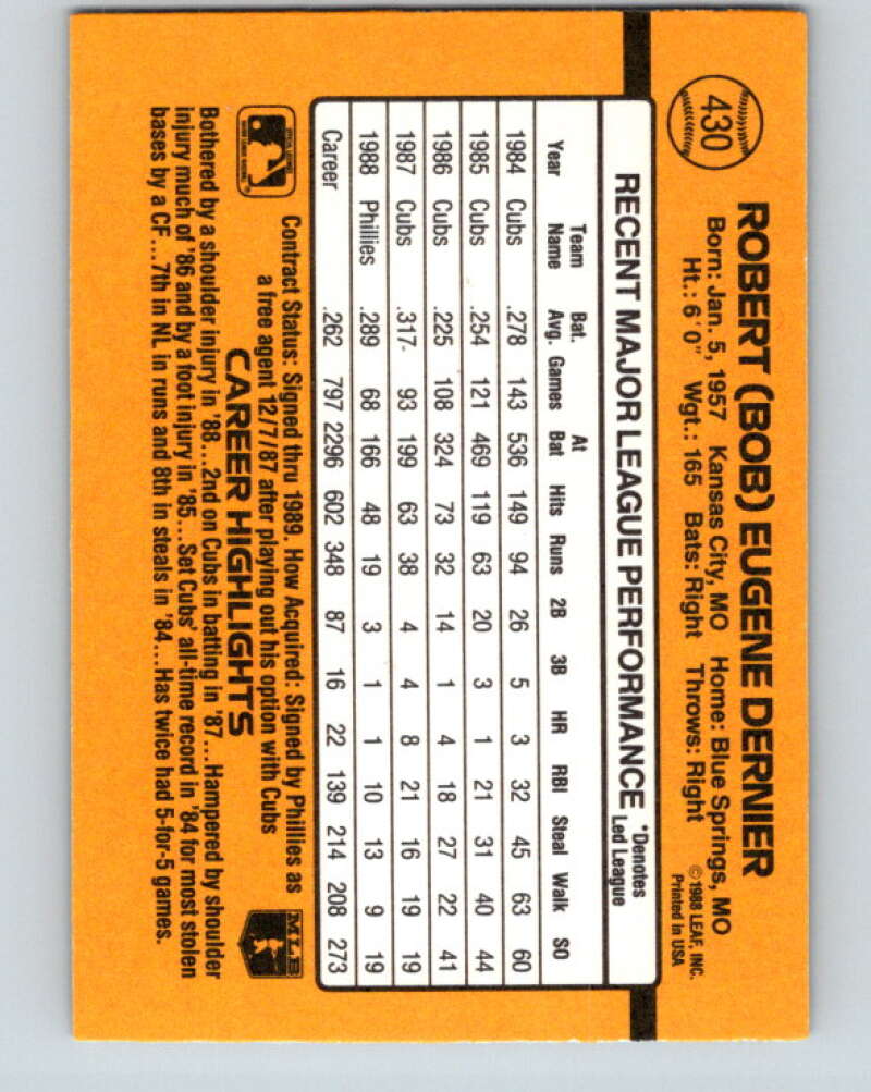 1989 Donruss #430 Bob Dernier Mint Philadelphia Phillies Image 2