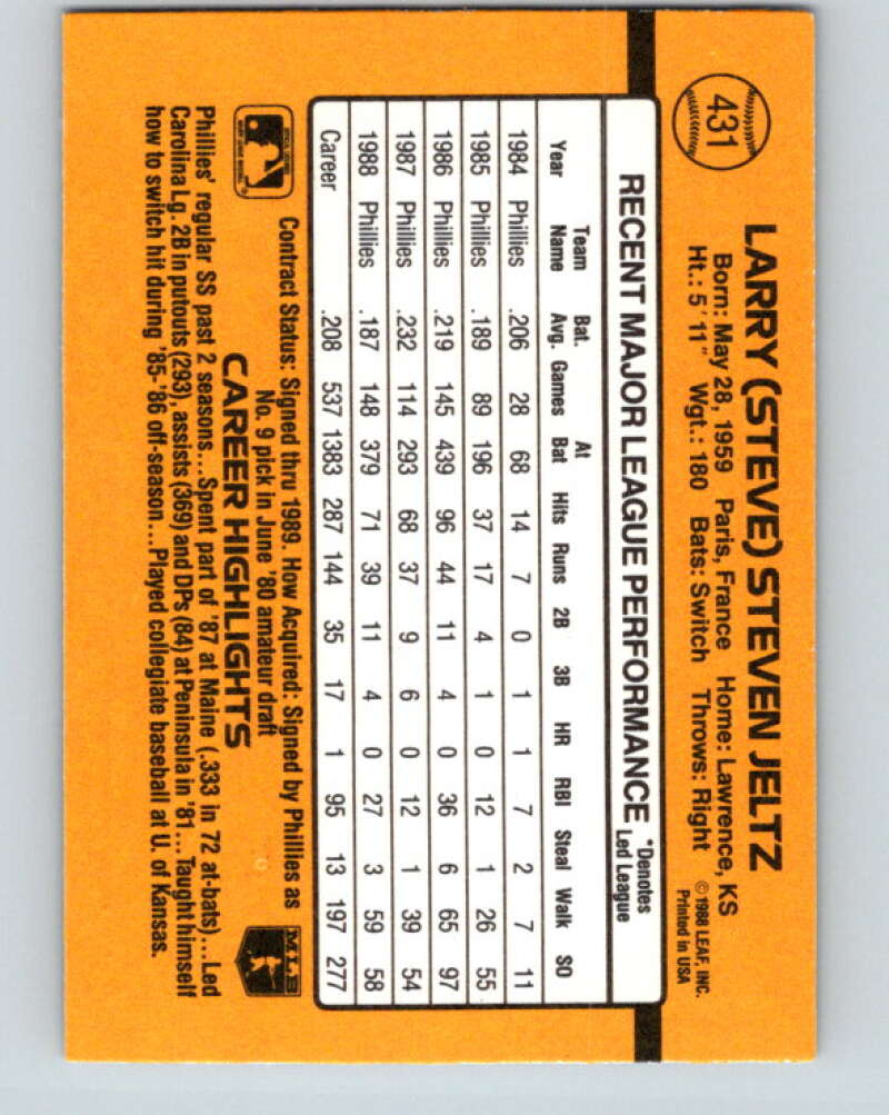 1989 Donruss #431 Steve Jeltz Mint Philadelphia Phillies Image 2