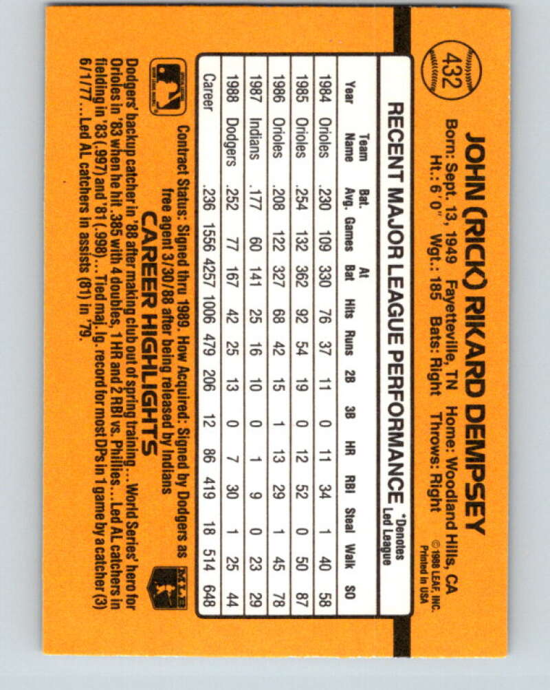 1989 Donruss #432 Rick Dempsey Mint Los Angeles Dodgers
