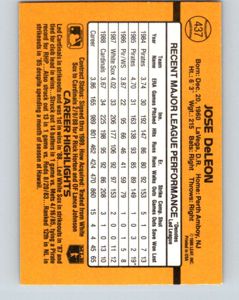 1989 Donruss #437 Jose DeLeon Mint St. Louis Cardinals Image 2