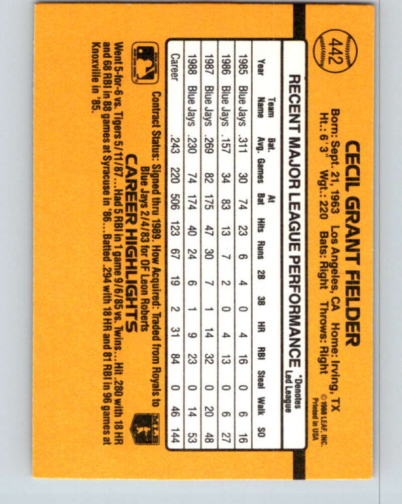 1989 Donruss #442 Cecil Fielder Mint Toronto Blue Jays Image 2