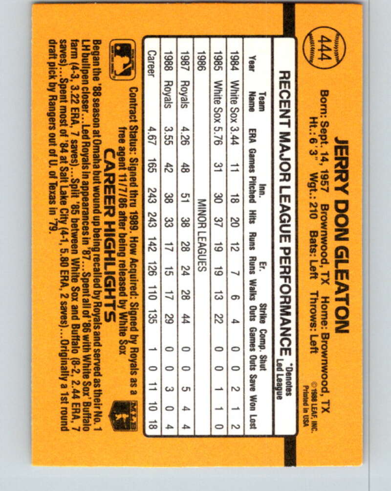 1989 Donruss #444 Jerry Don Gleaton Mint Kansas City Royals Image 2