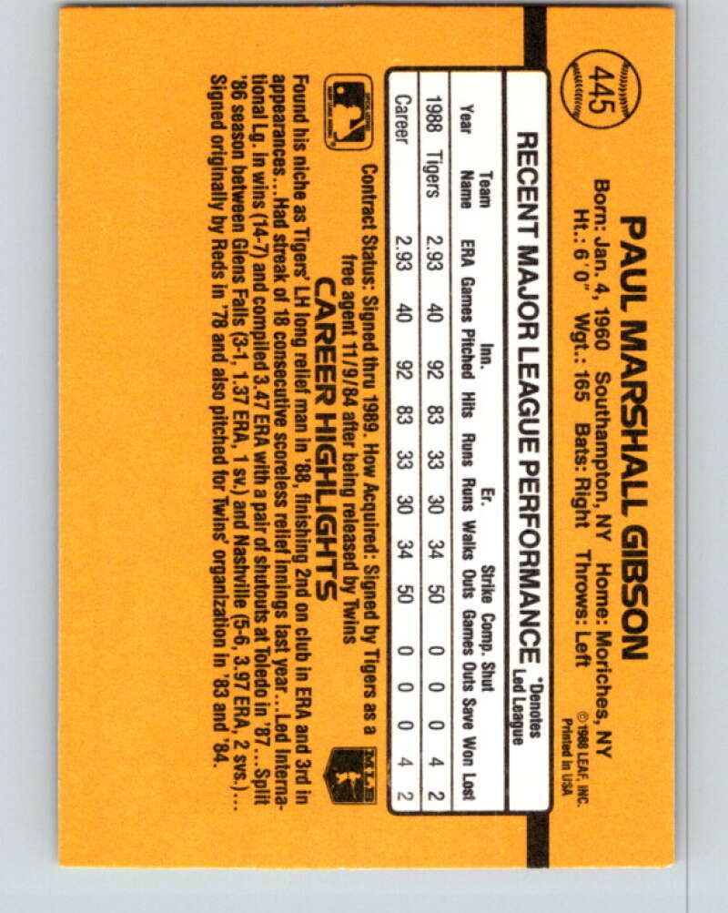 1989 Donruss #445 Paul Gibson Mint Detroit Tigers Image 2