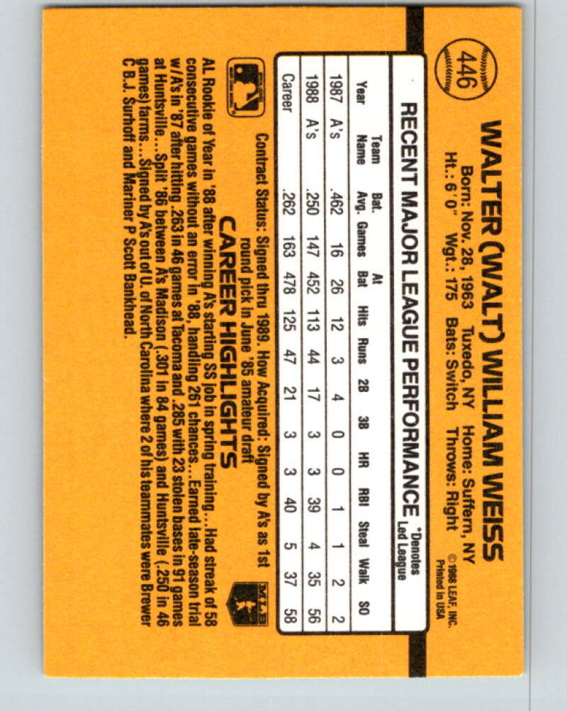 1989 Donruss #446 Walt Weiss Mint Oakland Athletics Image 2