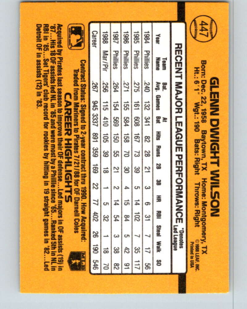 1989 Donruss #447 Glenn Wilson Mint Pittsburgh Pirates Image 2