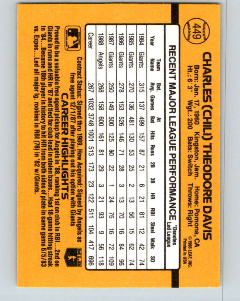 1989 Donruss #449 Chili Davis Mint California Angels