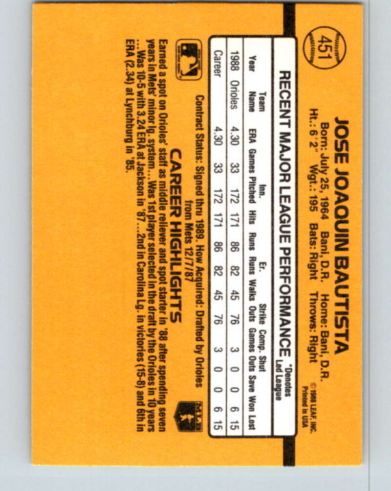 1989 Donruss #451 Jose Bautista Mint RC Rookie Baltimore Orioles Image 2