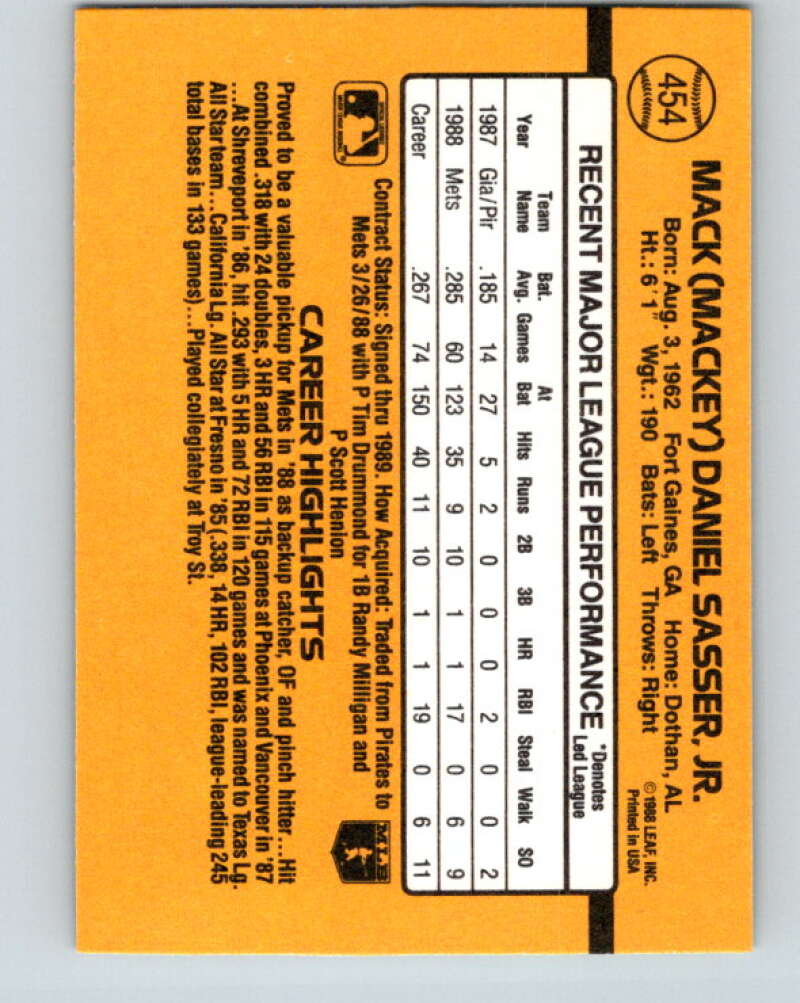 1989 Donruss #454 Mackey Sasser Mint New York Mets Image 2