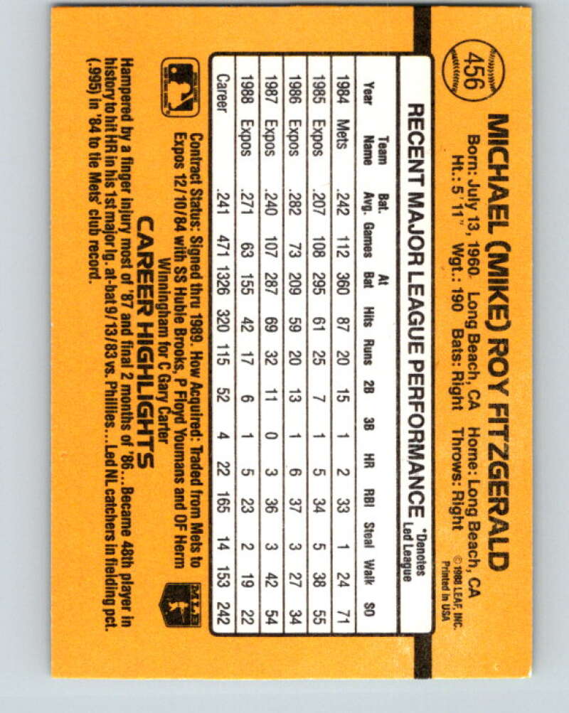 1989 Donruss #456 Mike Fitzgerald Mint Montreal Expos Image 2