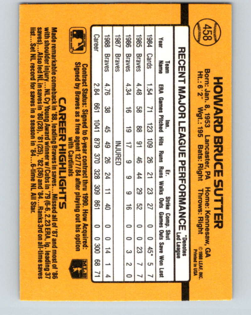 1989 Donruss #458 Bruce Sutter Mint Atlanta Braves Image 2