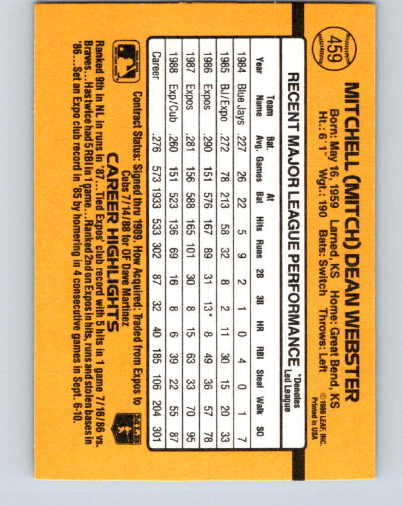 1989 Donruss #459 Mitch Webster Mint Chicago Cubs Image 2