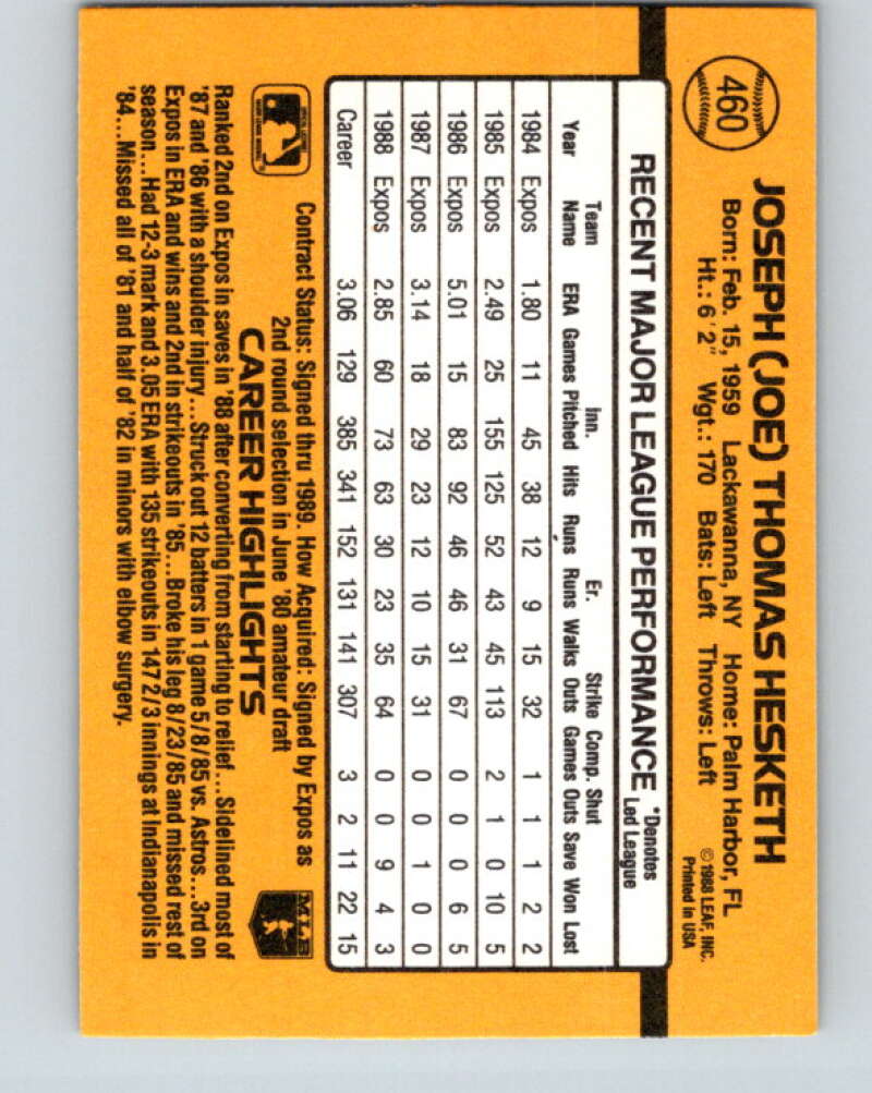 1989 Donruss #460 Joe Hesketh Mint Montreal Expos Image 2